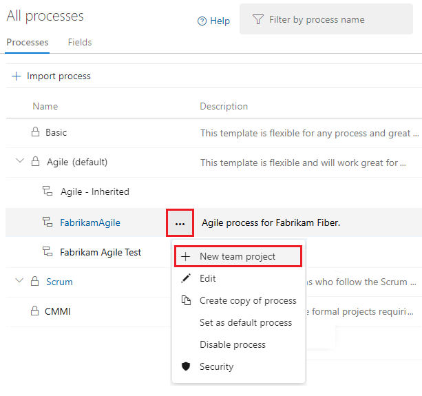 Create a project from the selected process