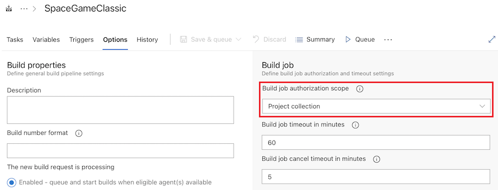 Screenshot of the Build job authorization scope setting in a Classic pipeline.