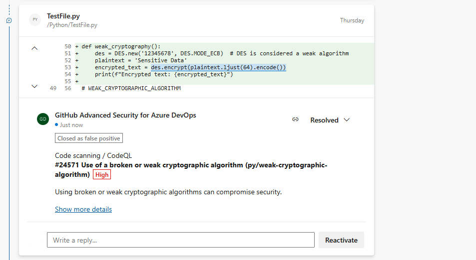 Screenshot of closed code pull request annotation.