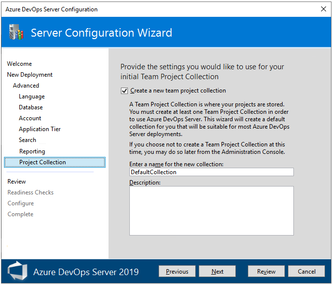 Screenshot of Advanced, Project Collection page.