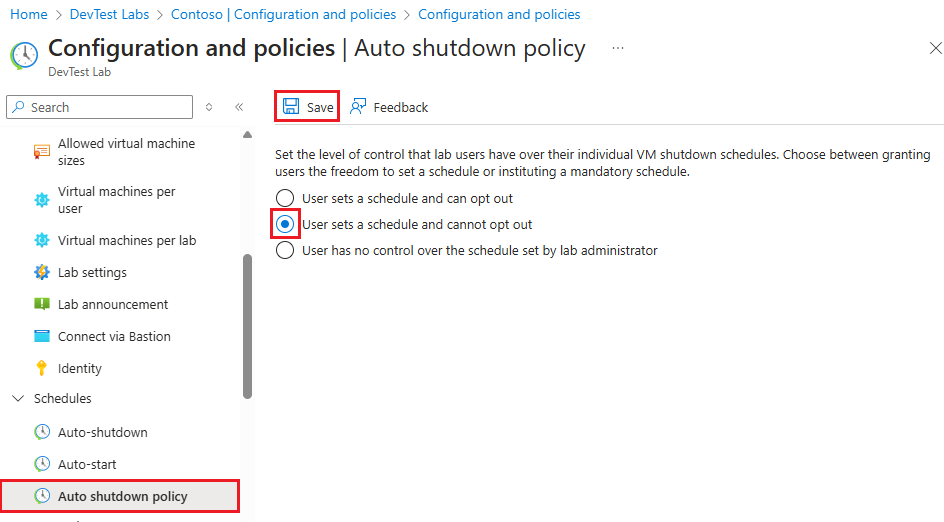 Screenshot showing autoshutdown policy options.