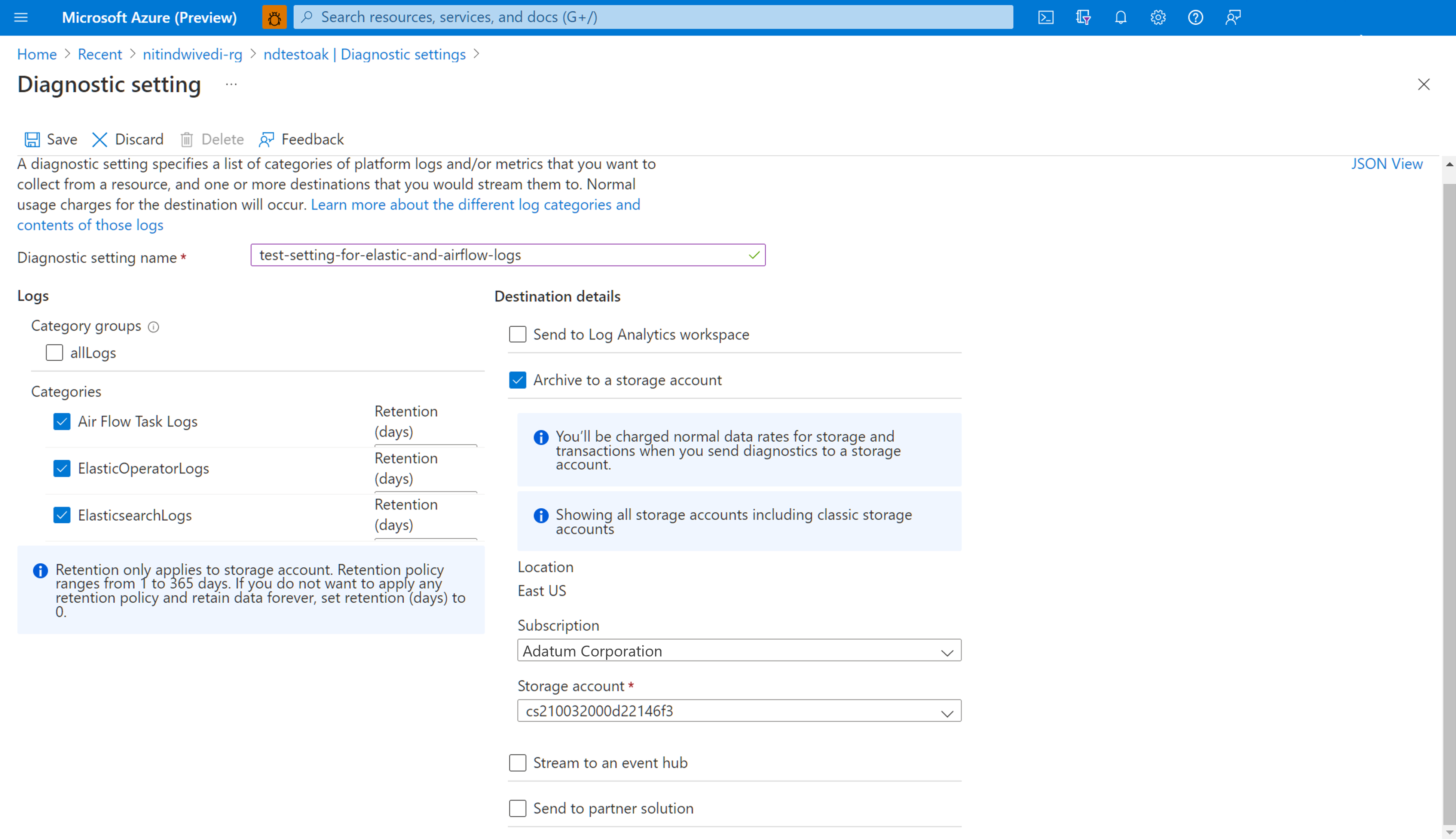 Screenshot for creating a diagnostic setting to archive logs to a storage account. The image shows the subscription and the storage account chosen for a diagnostic setting.