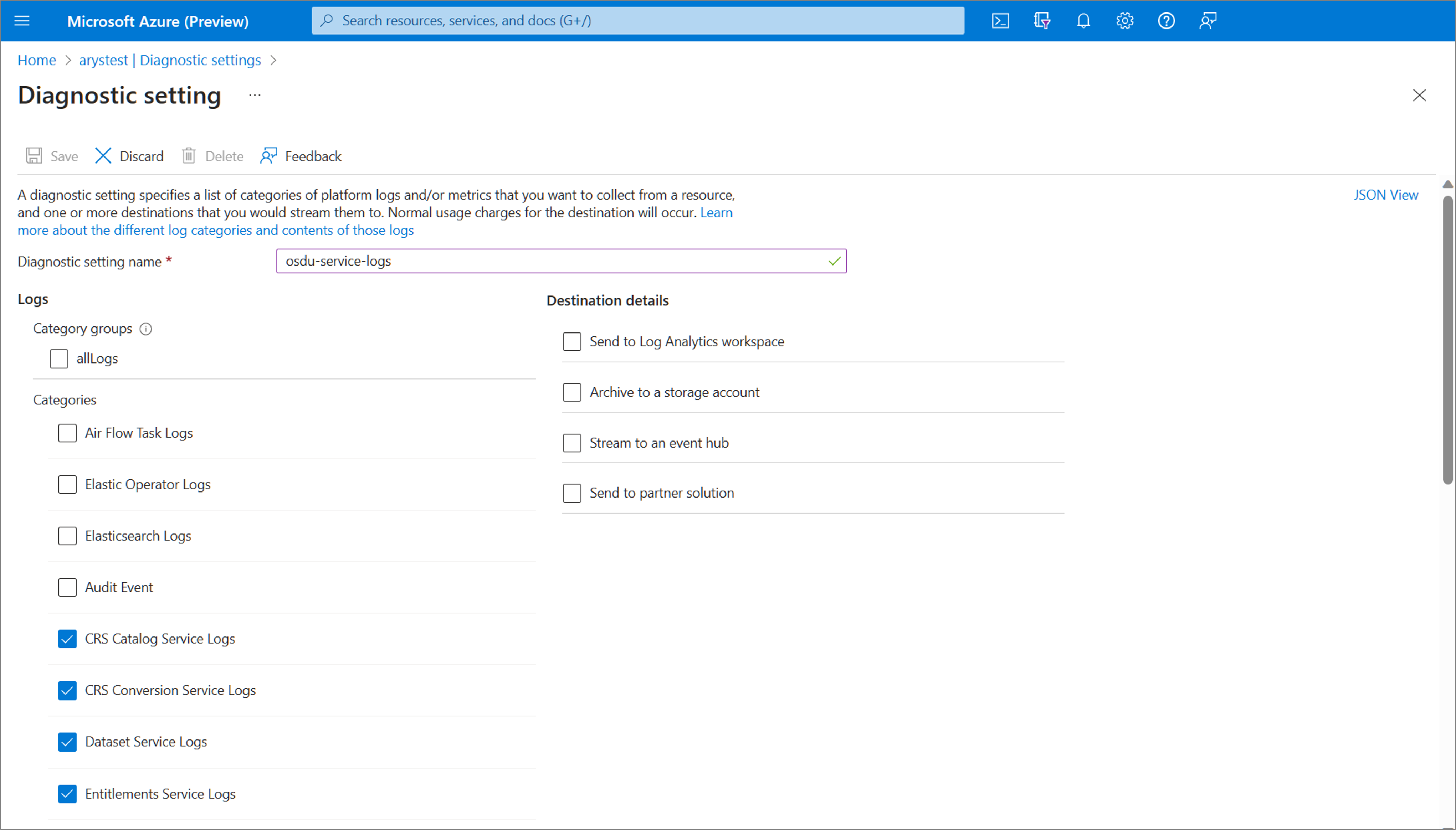 Screenshot to show that users can select all or a few log categories while creating a diagnostic setting.