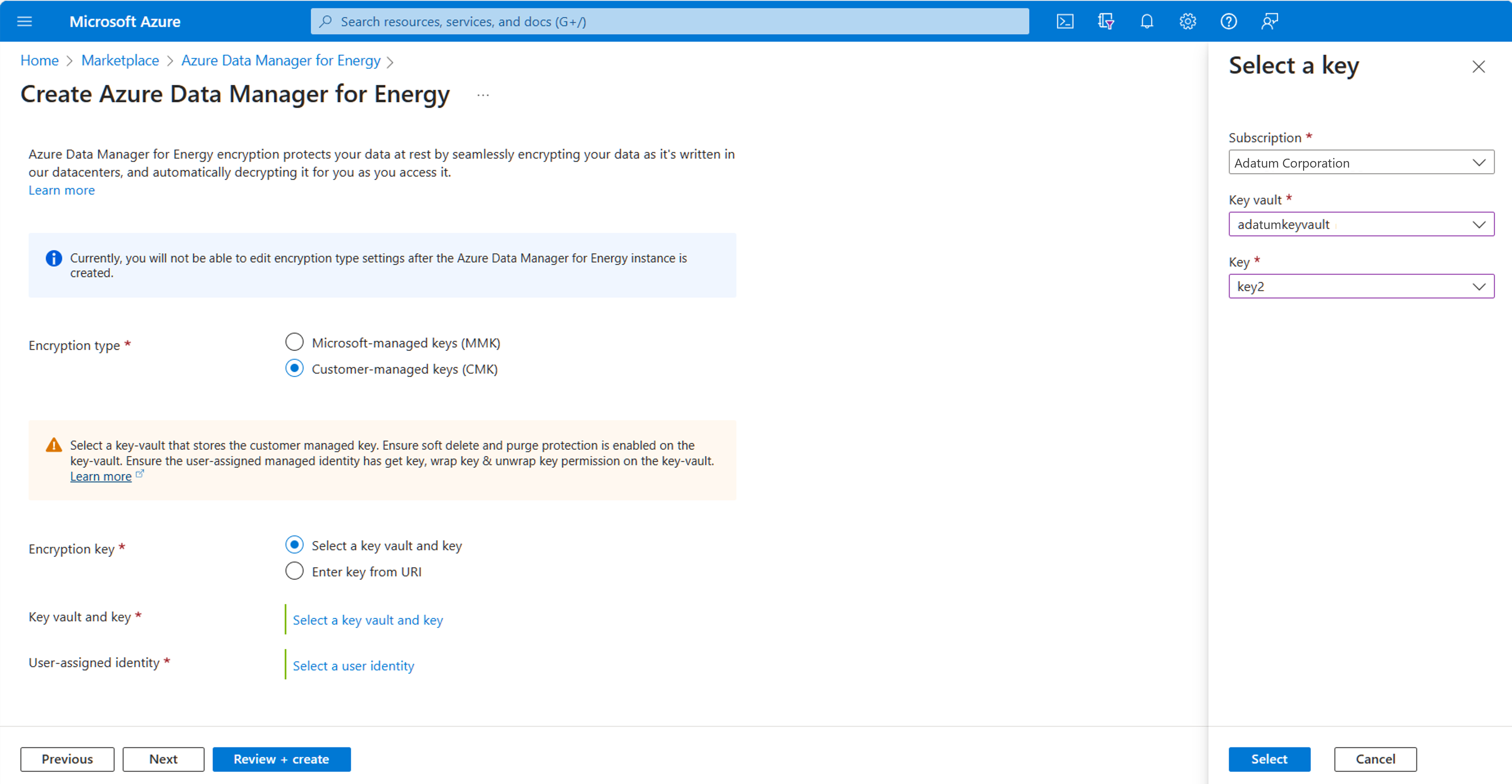Screenshot showing selection of subscription, key vault, and key in the right pane that opens after choosing 'select a key vault and key'