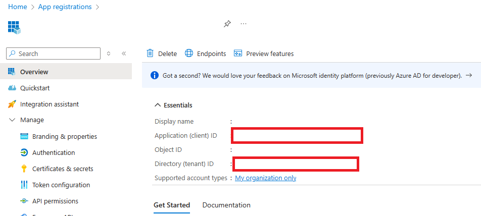 Screenshot of the App Registrations details.