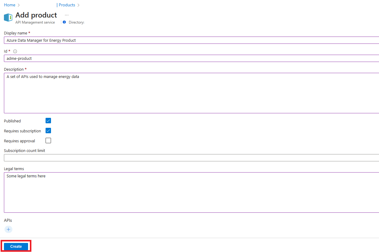 Screenshot of the Add products page on the API Management instance.