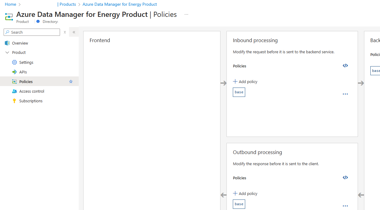 Screenshot of the Product Policies configuration page on the API Management instance.