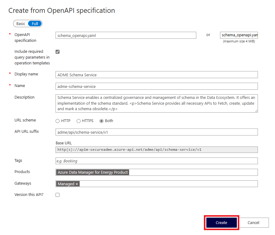 Screenshot of the Create from OpenAPI specification screen.