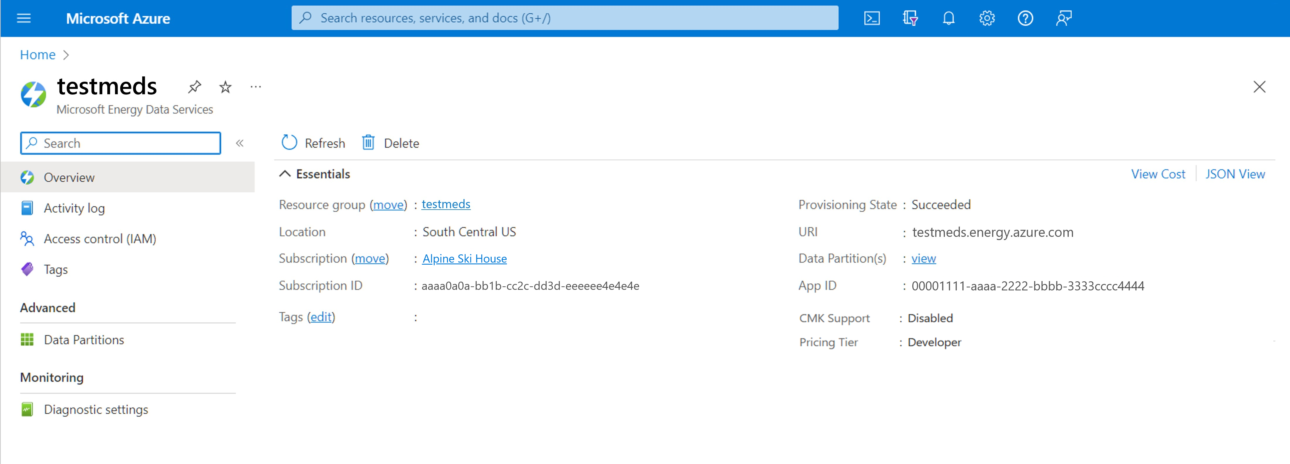 Screenshot of the overview page for an Azure Data Manager for Energy instance.