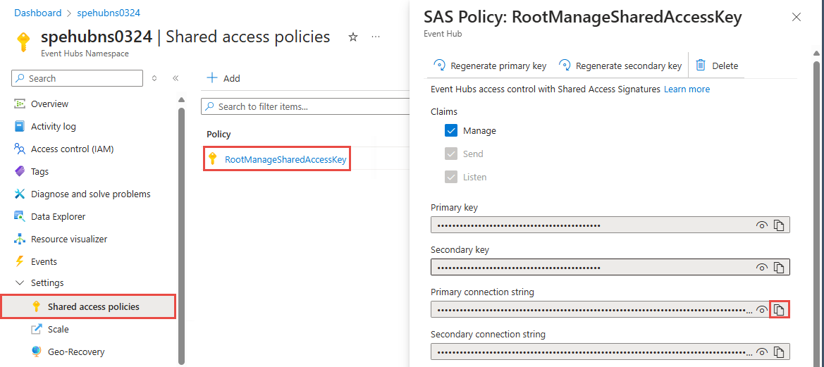 Screenshot shows an SAS policy called RootManageSharedAccessKey, which includes keys and connection strings.