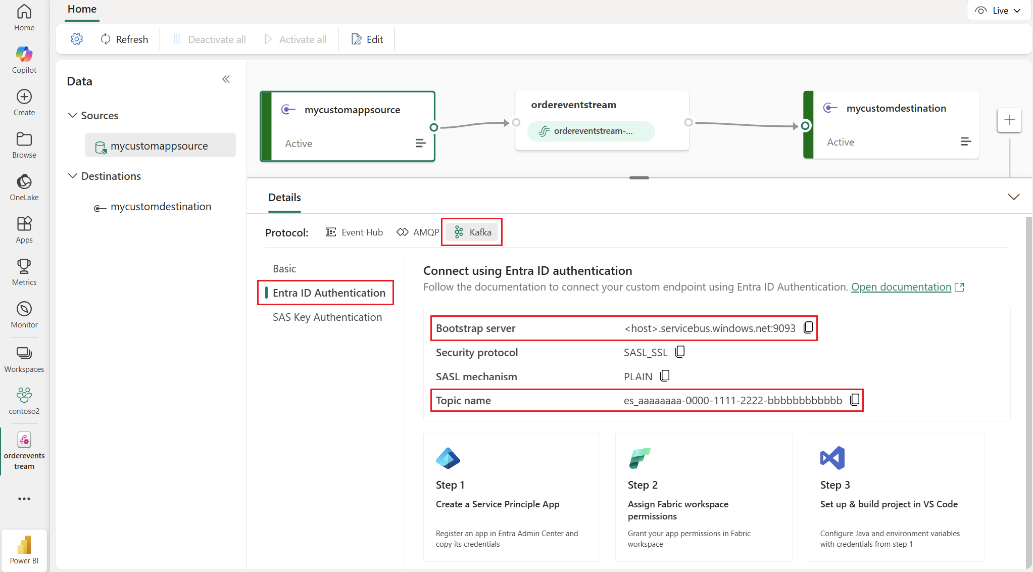 Screenshot in Microsoft Fabric that has the custom endpoint connection details.