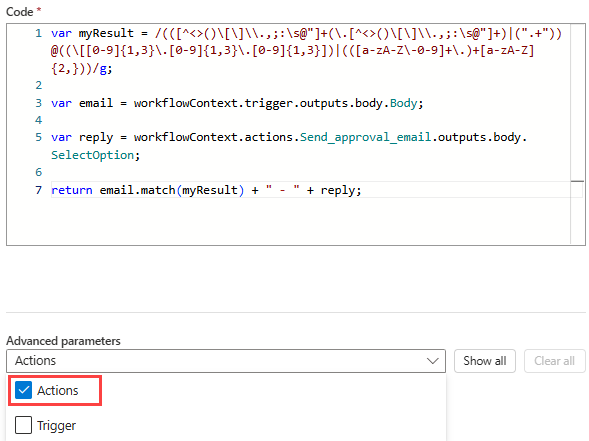 Screenshot showing the Execute JavaScript Code action with the Actions parameter selected.