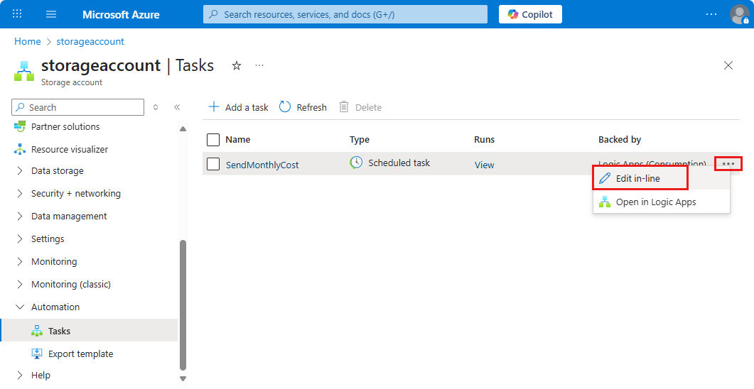 Screenshot shows a task with the opened ellipses menu and the selected option Edit in-line.