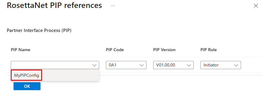 Screenshot that shows a table of PIP information that has one row, which contains default values except the name, MyPIPConfig, which is selected.