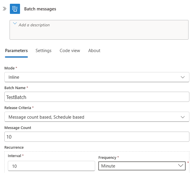 Screenshot shows the batch messages trigger pane where you can enter the parameter values.