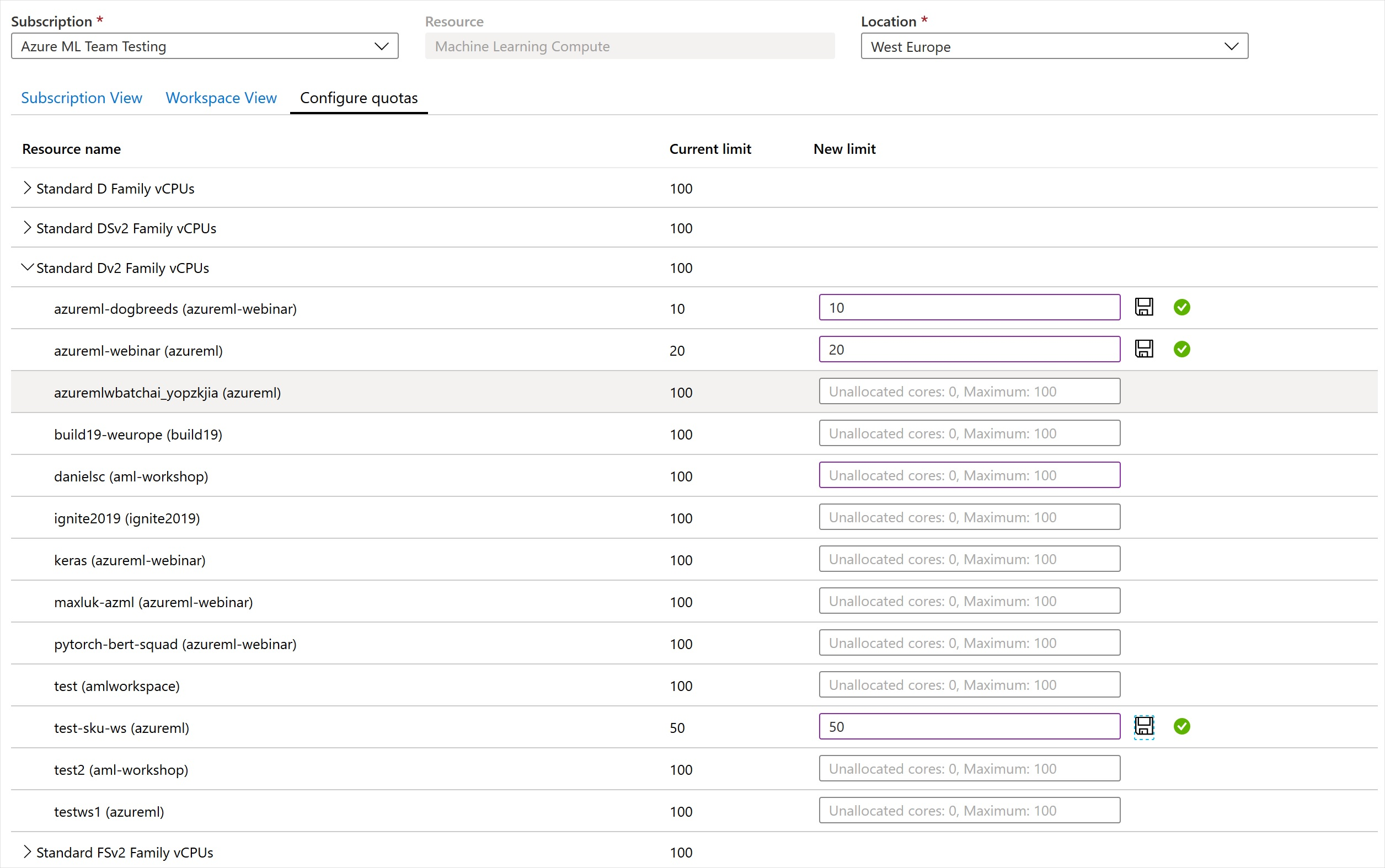 Screenshot that shows an Azure Machine Learning workspace-level quota.