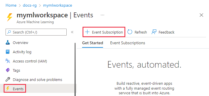 Screenshot that shows the Event page of an Azure Machine Learning workspace. Events and Event Subscription are highlighted.