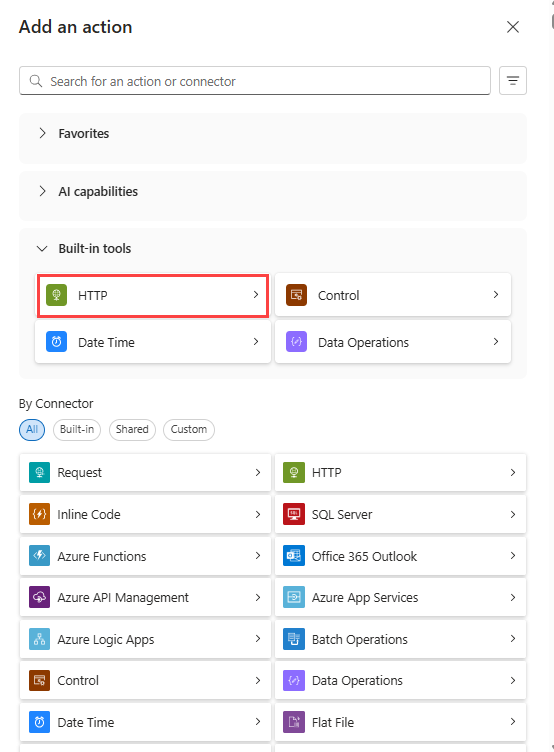 Screenshot that shows how to add an HTTP action.