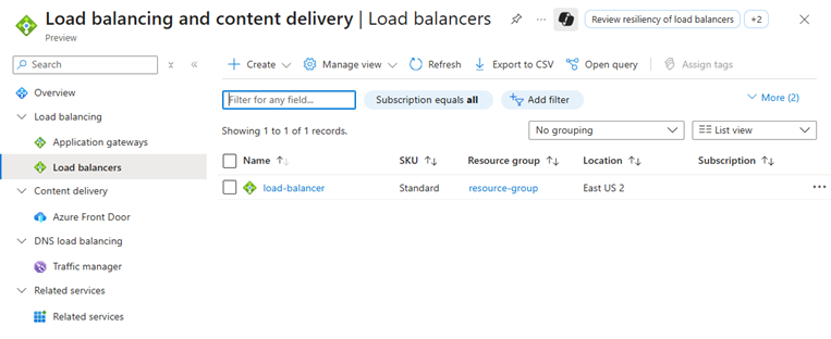Screenshot of load balancer management in Azure portal.