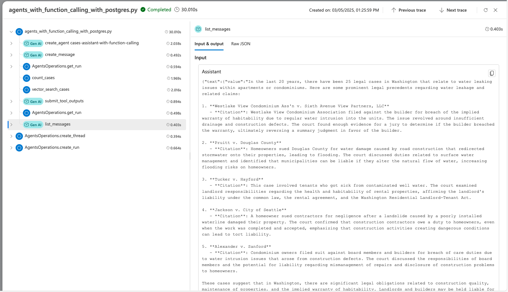 Screenshot that the result of tracing in AI Foundry.