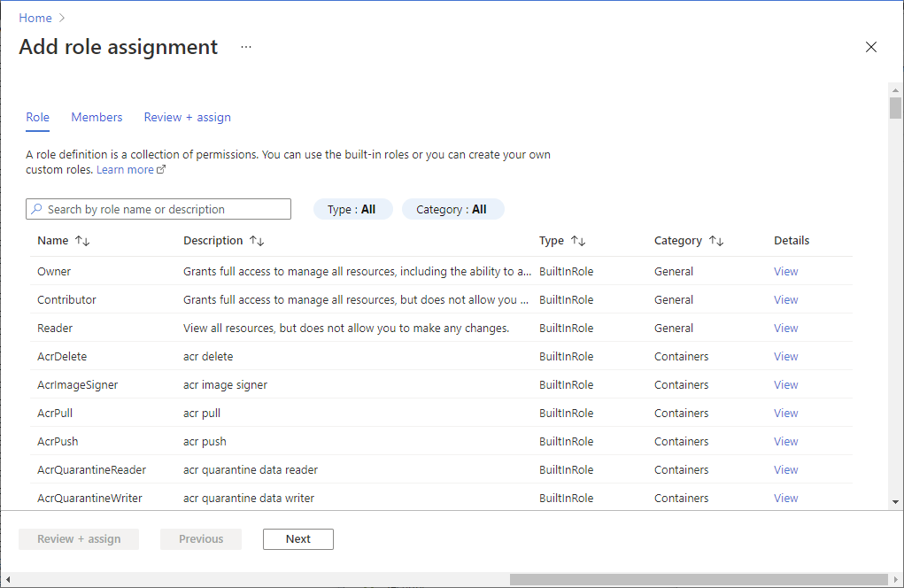 Screenshot of Add role assignment page with Role tab selected.