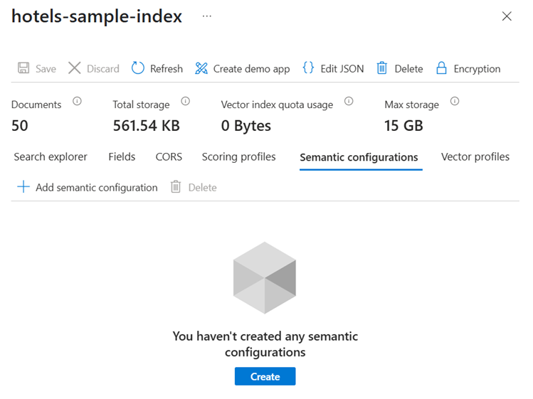 Screenshot of an empty semantic configuration page in the Azure portal.