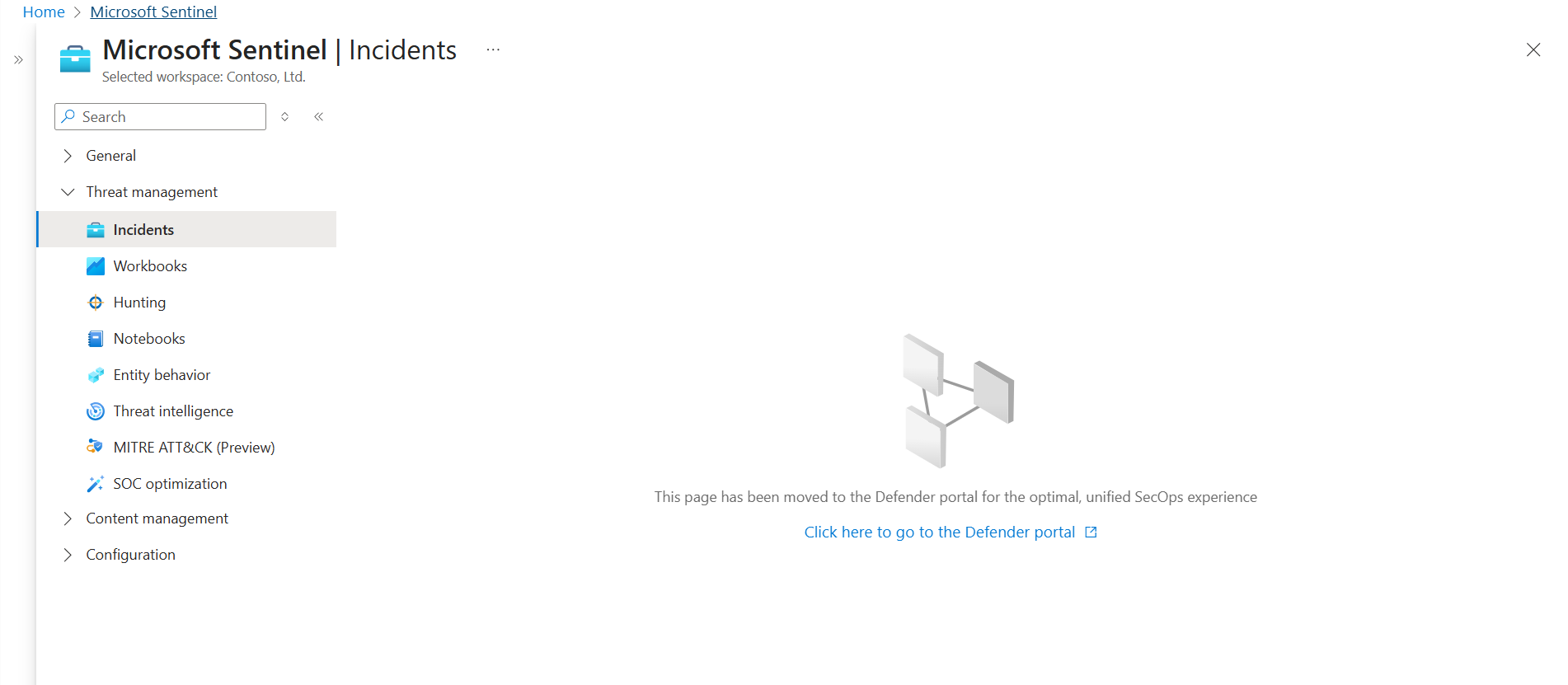 Screenshot of redirect links in the Azure portal to the Defender portal.