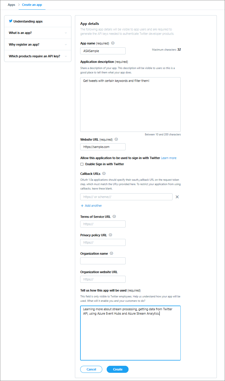 X application details Screenshot shows the App details pane where you can enter values for your app.