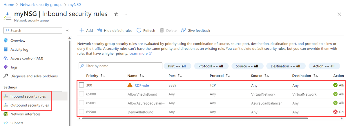 Screenshot of inbound security rules of a network security group in the Azure portal.