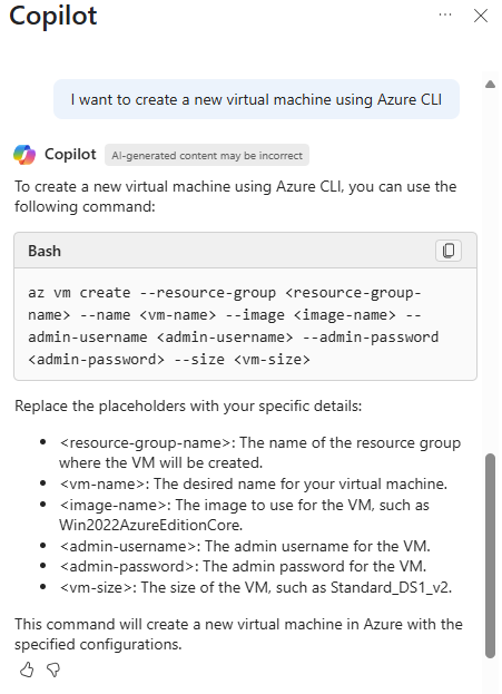 <Screenshot of Copilot in Azure providing an Azure CLI script to create a virtual machine.>