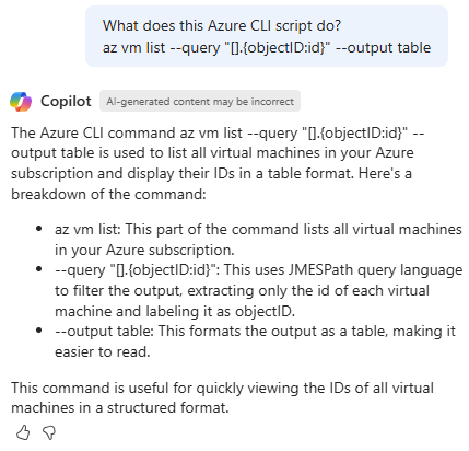 <Screenshot of Copilot in Azure explaining an Azure CLI script.>