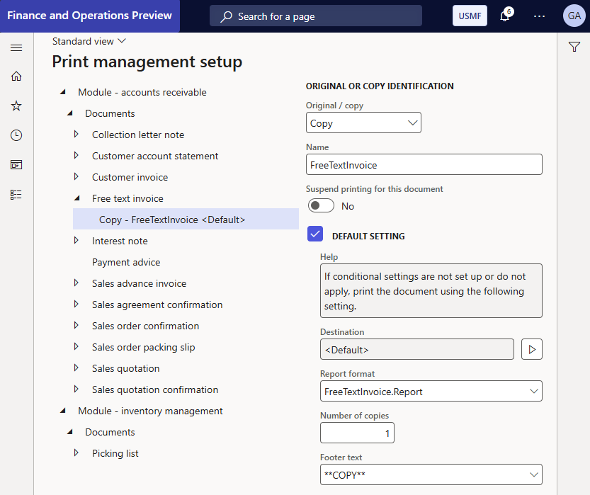 Screenshot that shows the print management configuration in Dynamics 365 Finance.