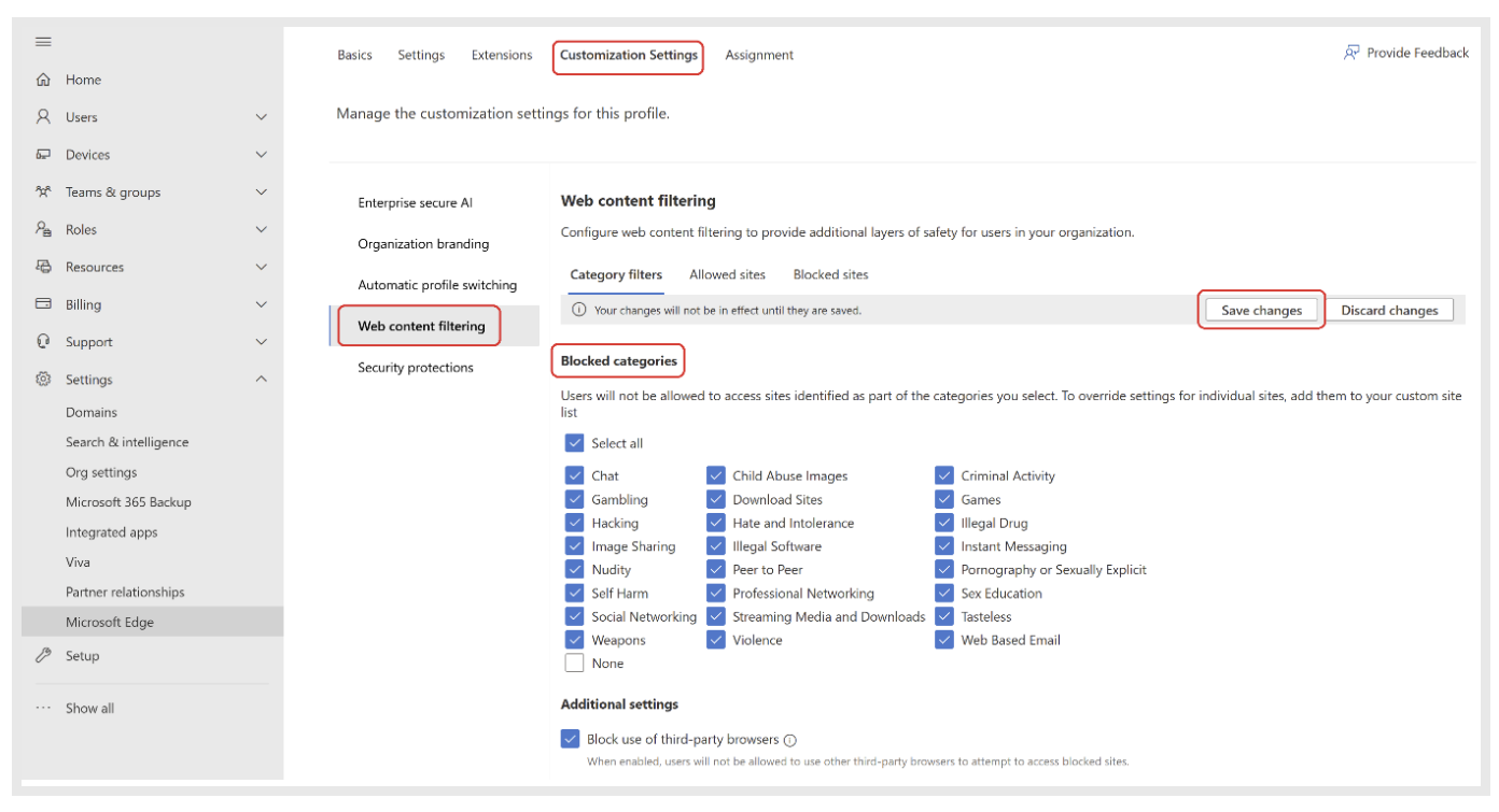 Pick blocked categories for Web content filtering.