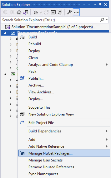Right click on the solution and select 'Manage NuGet Packages...' Manage NuGet Packages...