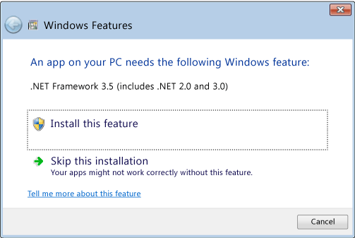 Prompt for installing the .NET Framework 3.5 on demand Dialog box for 3.5 install on Windows 8