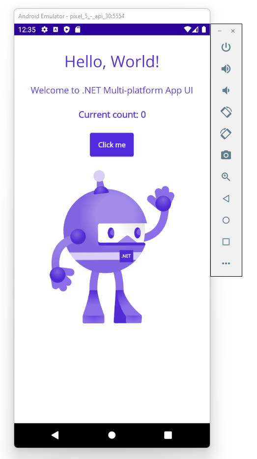 Default .NET MAUI app running on an Android emulator.