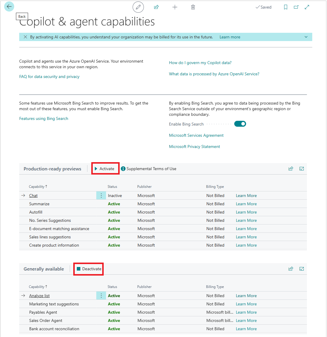 Screenshot that shows the Activate and Deactivate buttons for the feature lists on the Copilot & agent capabilities page.