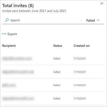 Failed invitation details Screenshot showing recipient name, status (Failed), and the date the invitation failed.
