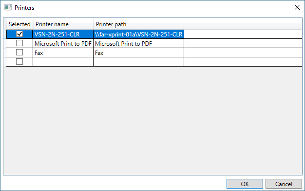 Screenshot of printers to add dialog showing available printer options.
