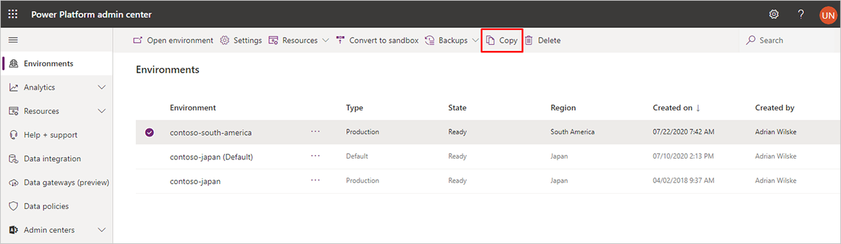 Select the source environment and then choose Copy Select the source environment and then choose Copy.
