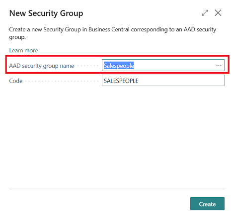 Shows new Create a Security Group page in Business Central Shows new Create a Security Group page in Business Central