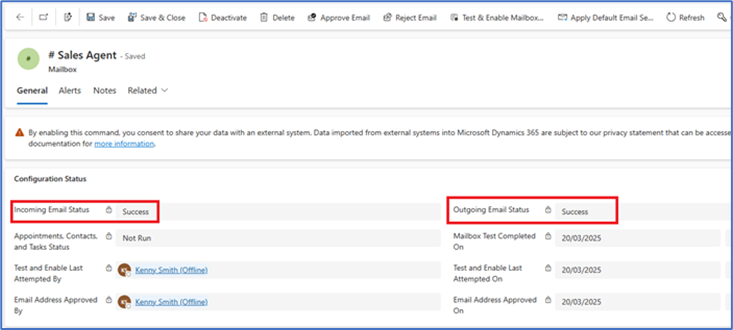 Screenshot of a user mailbox in Dynamics 365 Sales with status indicators.