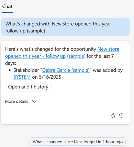 Screenshot of what's changed for an opportunity in the Copilot chat pane.