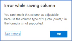 Error message for a simple or prediction column Error message for a simple or prediction column.