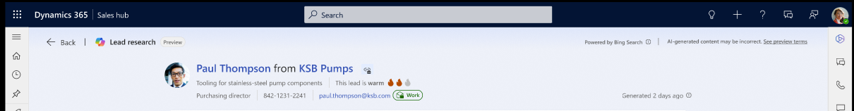 Screenshot of the header of the Lead research page in research and engage mode.