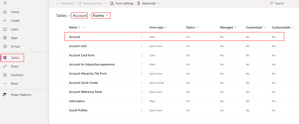 Screenshot of selecting the Lead main form on the Forms tab.