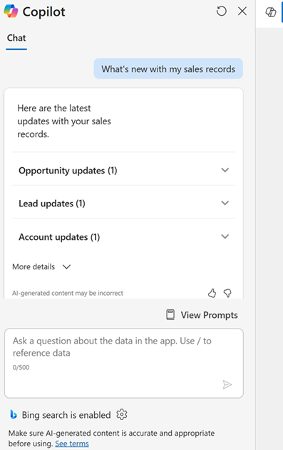 Screenshot of the Copilot response for What's new with my sales records.
