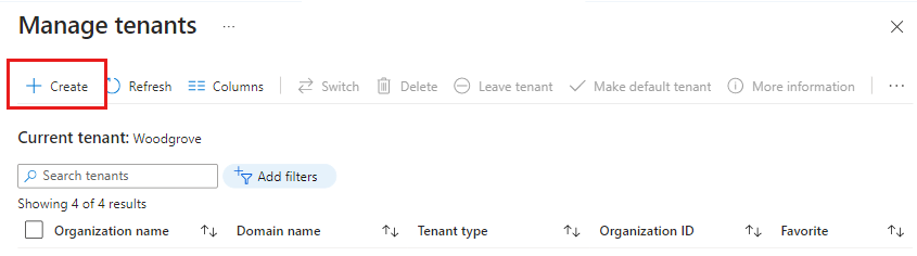 Screenshot of the create tenant option.