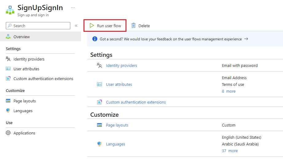 Screenshot showing the Run user flow button.