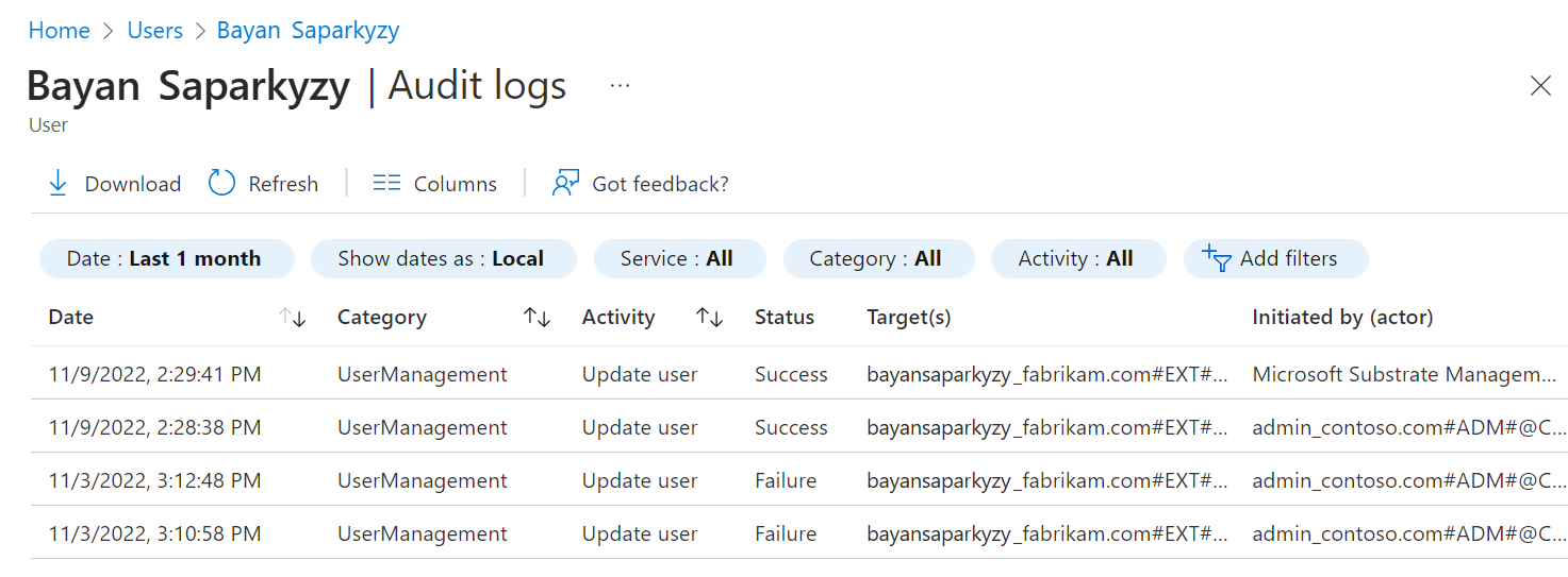 Screenshot that shows the page for audit logs.
